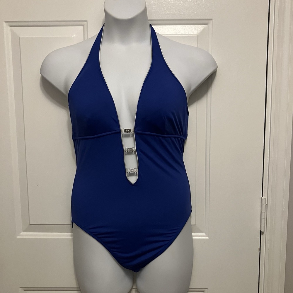 Solo Cobalt Blue Halter One Piece Swimsuit Deep V Neck Silver Hardware Size 12
